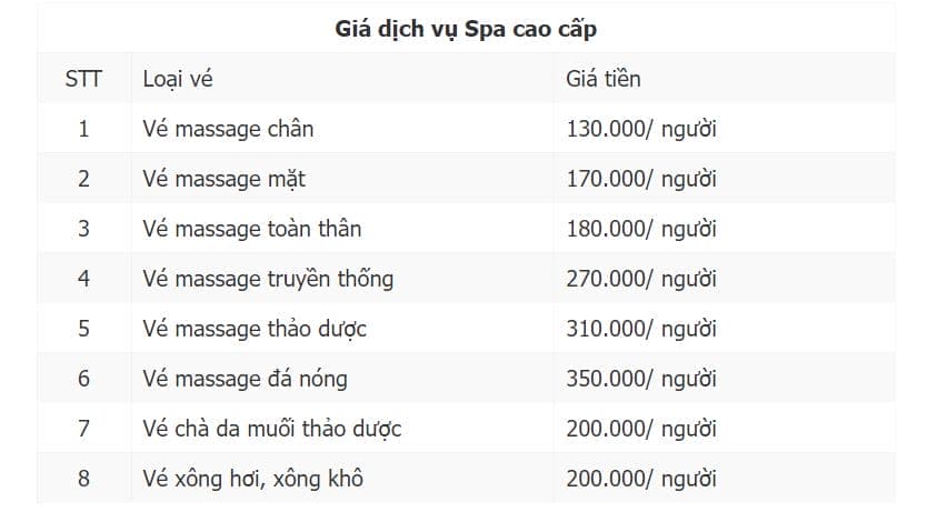 Giá dịch vụ Spa cao cấp của suối nước nóng Bình Châu Vũng Tàu