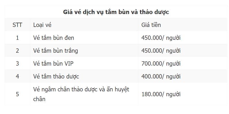 Giá vé các dịch vụ tắm bùn và thảo dược tại suối nước nóng Bình Châu Vũng Tàu