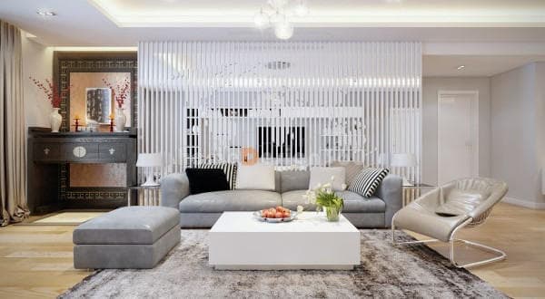 Phòng khách tại căn hộ Galaxy 9 được bài trí sang trọng, thanh lịch với tông màu trắng chủ đạo 