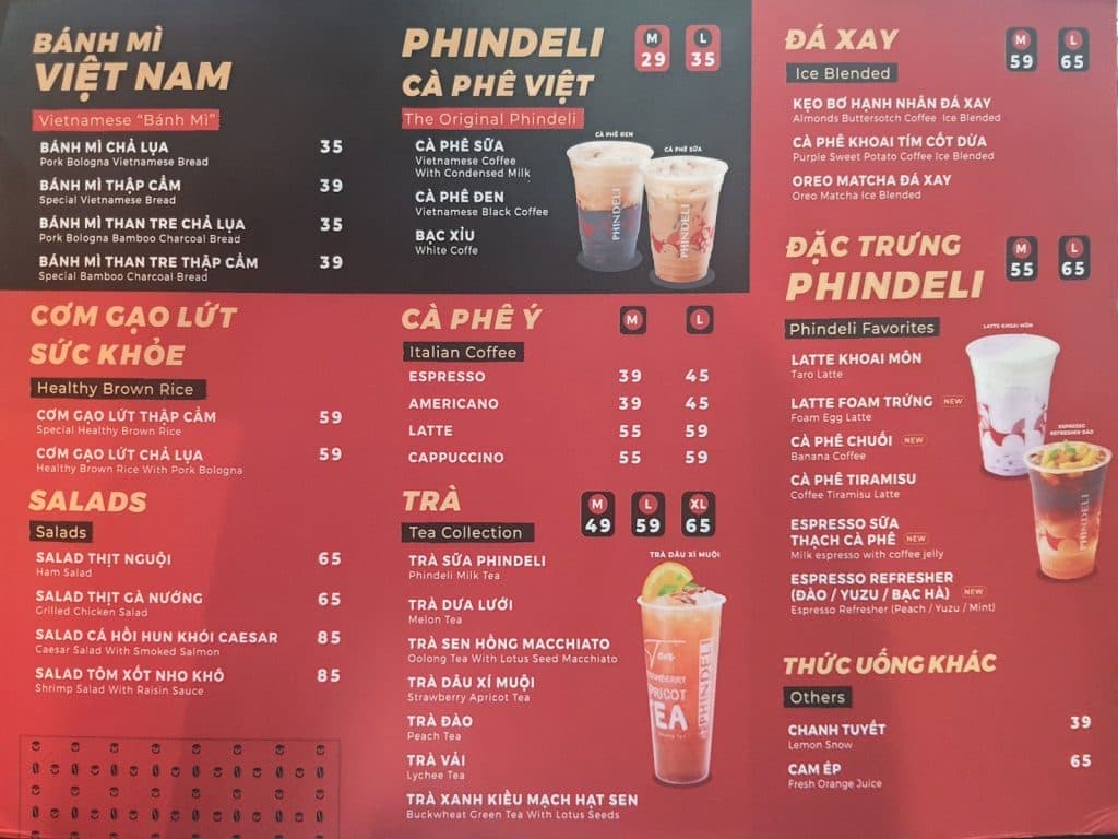 Bảng giá menu thức uống tại hệ thống Phindeli Cafe